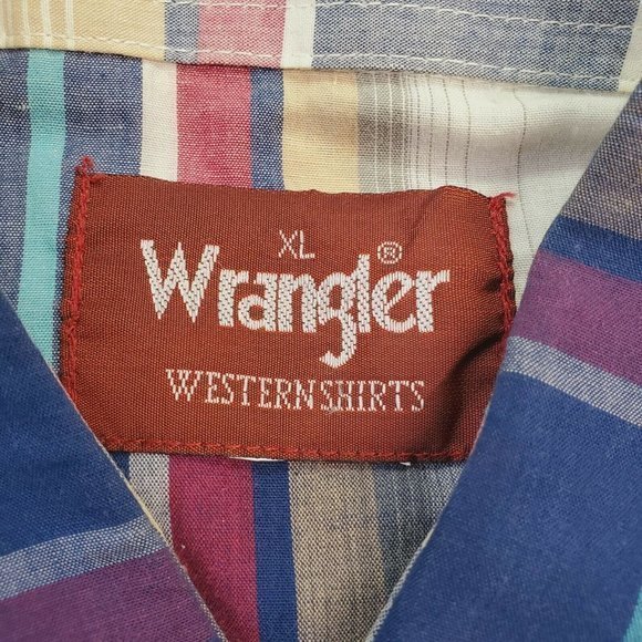 Vintage Wrangler Western Shirt White Blue Red Tan Plaid Pearl Snap XL - Picture 4 of 12
